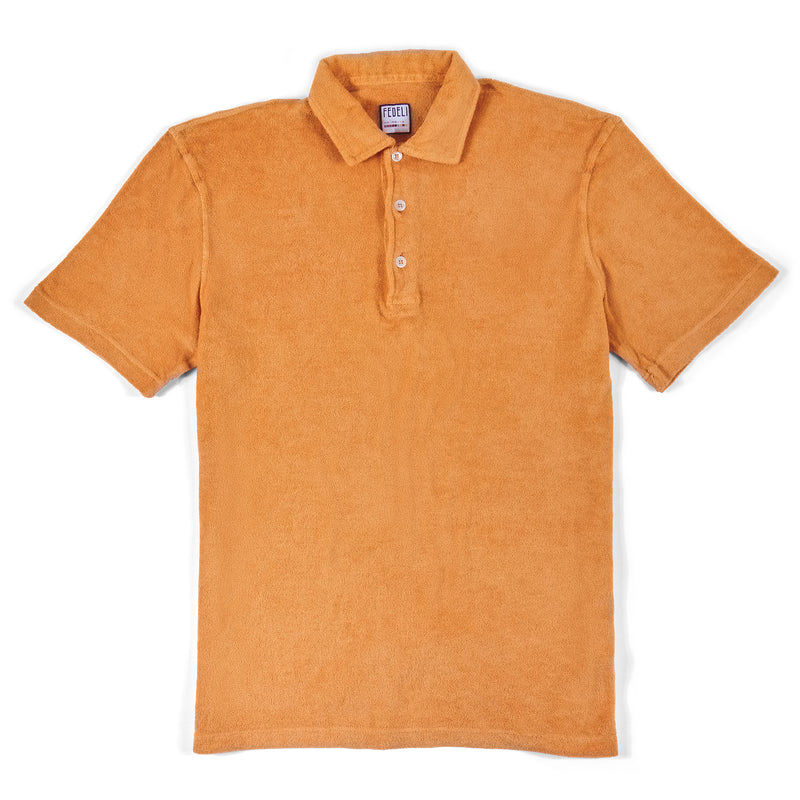 Fedeli Short Sleeve Terrycloth Polo Shirt in Peach Bellini