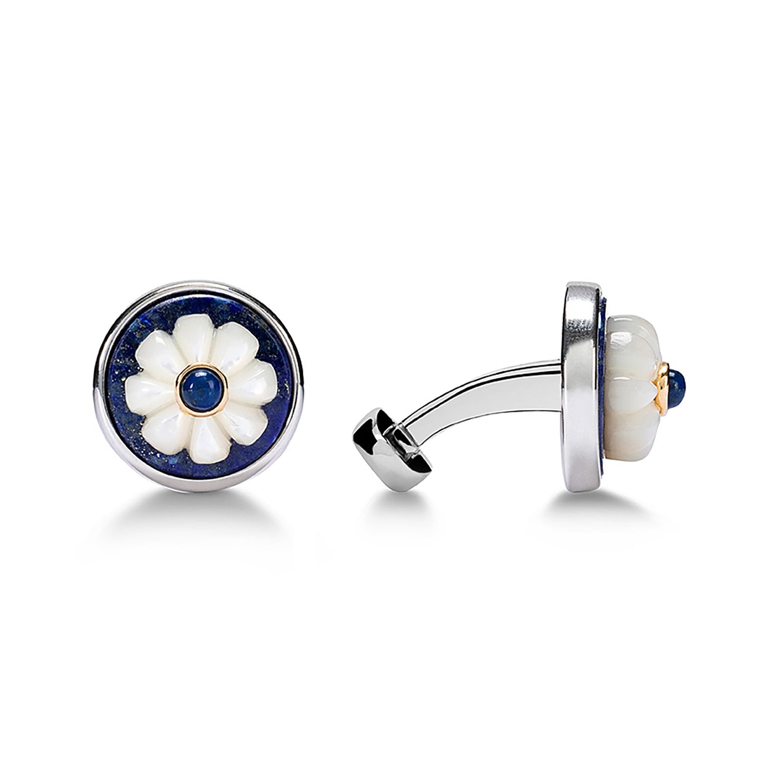 Mother of Pearl Flower with Gold and Lapis Lazuli Sterling Silver Cufflinks