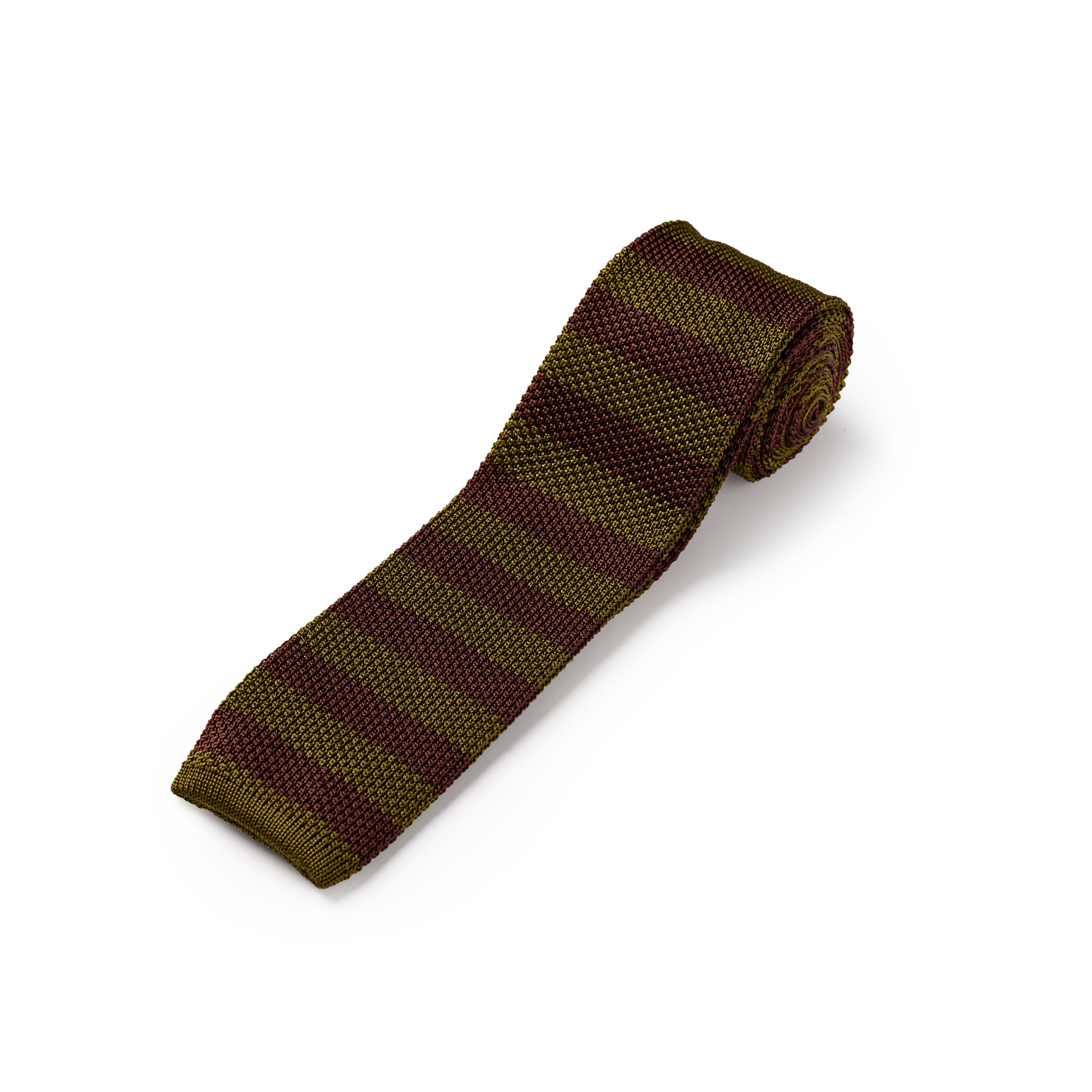 Chocolate Brown and Khaki Green Silk Stripe Knitted Tie