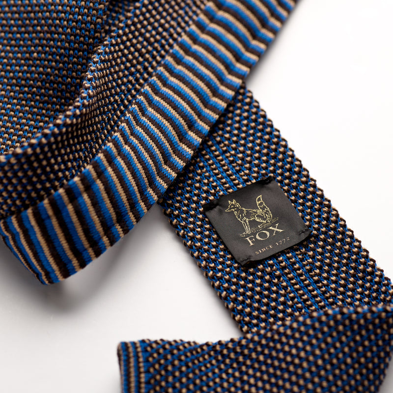 Azure Blue, Cappuccino and Chocolate Brown Spotty Wool Knitted Tie Label