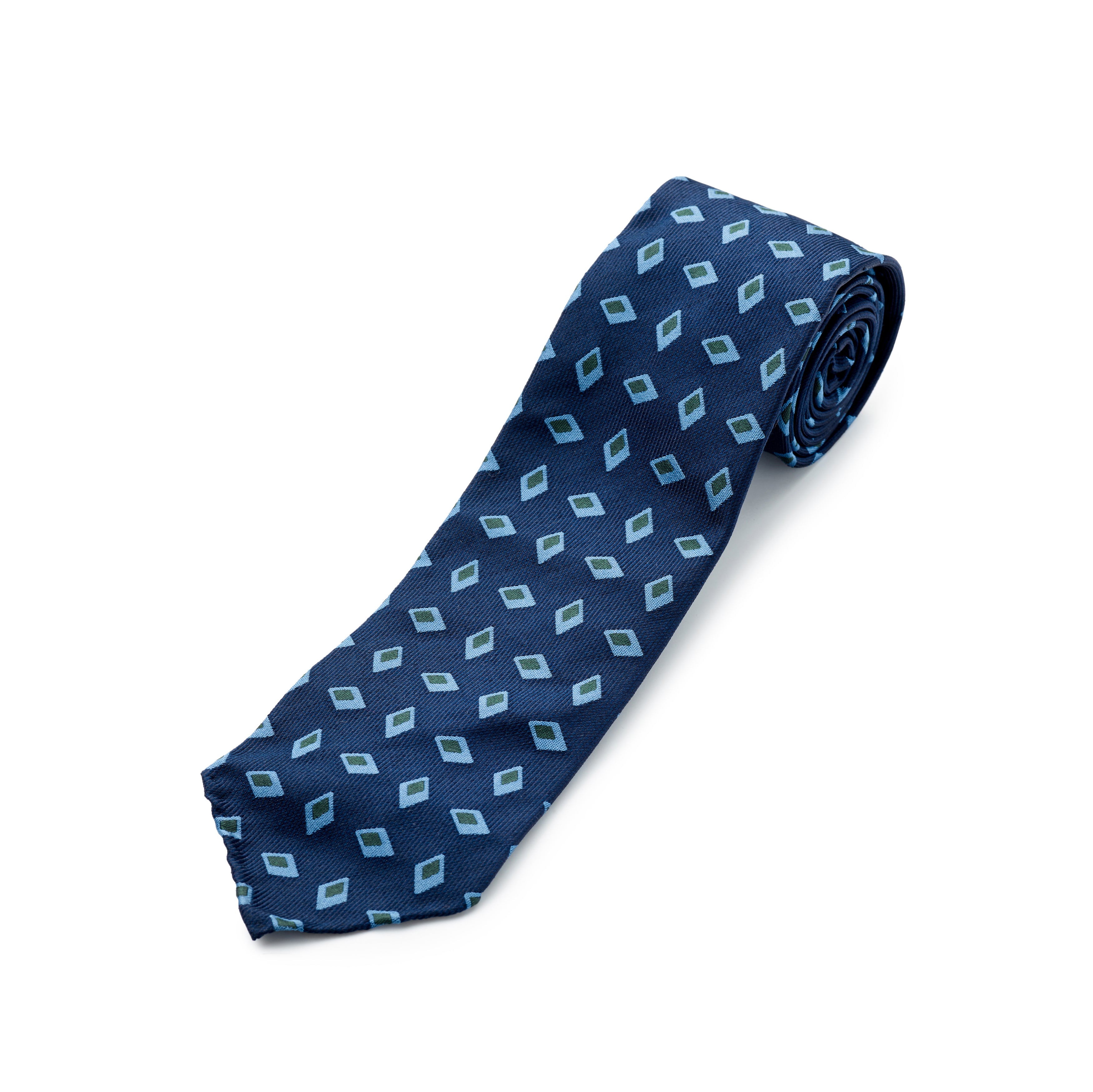 Paolo Albizzati 3 fold Navy with bright blue and green foulard woven silk tie.