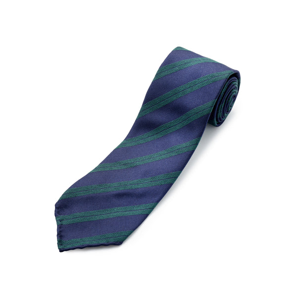 Paolo Albizzati 3 fold Navy with wide Racing green double stripe silk boucle tie