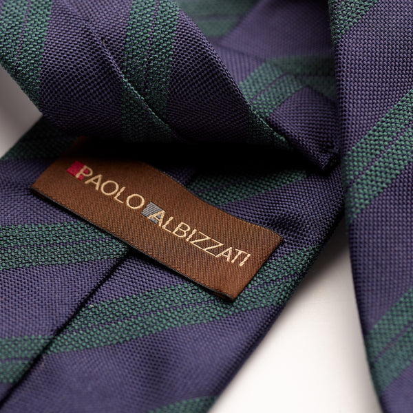 Paolo Albizzati 3 fold Navy with wide Racing green double stripe silk boucle tie