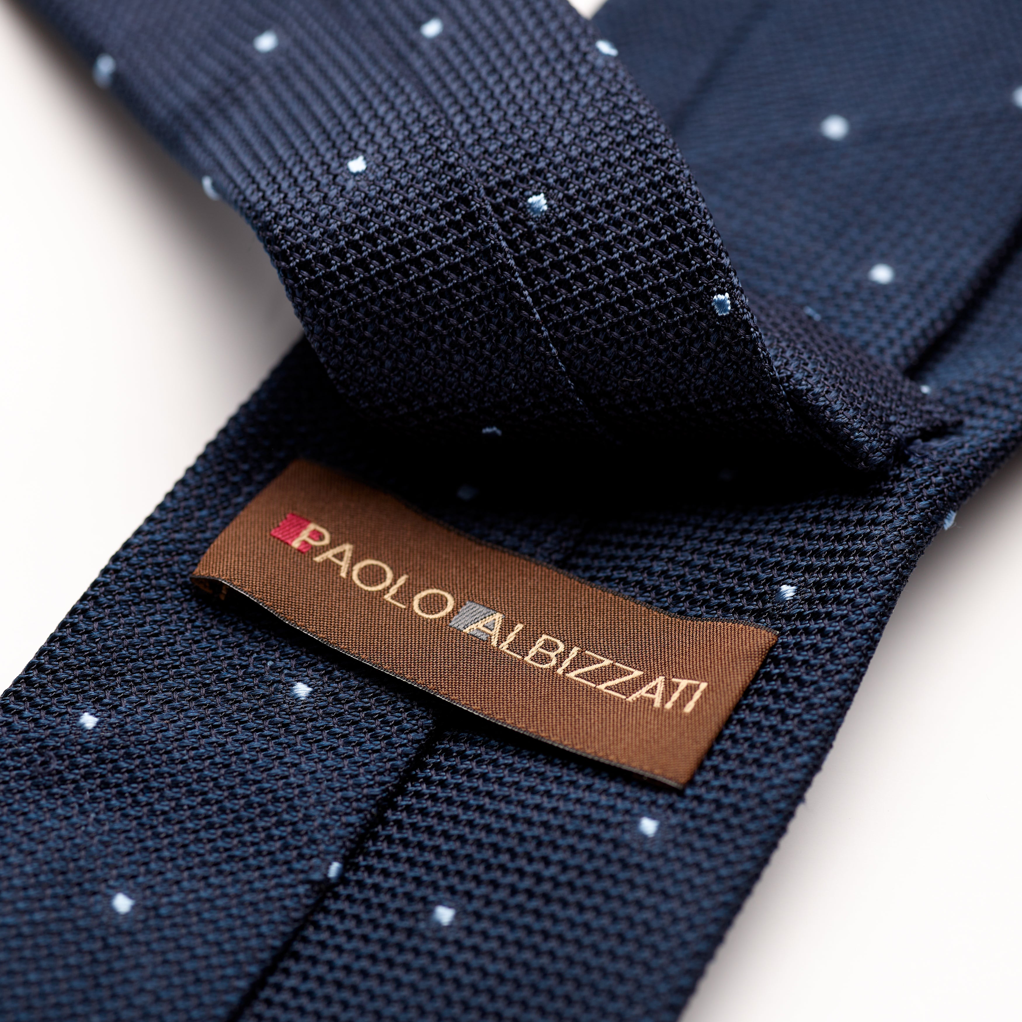Paolo Albizzati 3 fold Navy Blue with sky blue polka dot grenadine silk tie Loop & Label