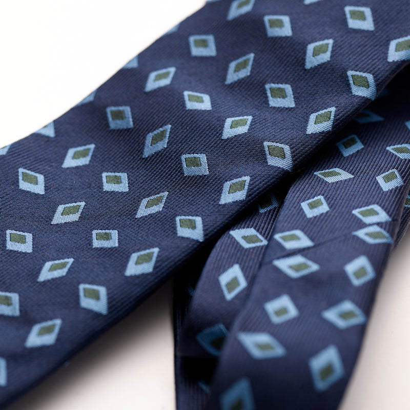 Paolo Albizzati 3 fold Navy with bright blue and green foulard woven silk tie.